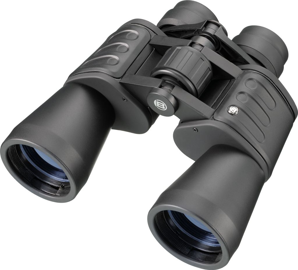A pair of black binoculars is shown against a white background.