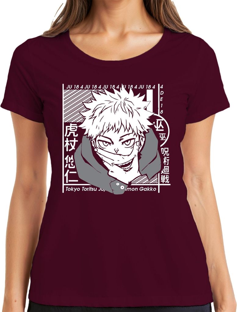 Jujutsu Kaisen Itadori Yuji Anime Manga Fan Geschenk Cosplay Damen T-Shirt, Burgundy, 3XL