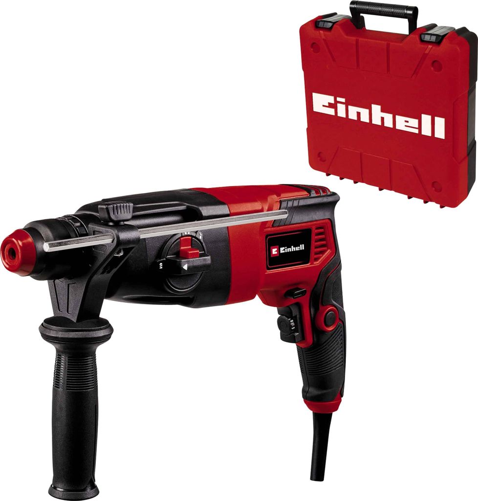 A red and black rotary hammer drill and its red carrying case are shown against a white background.