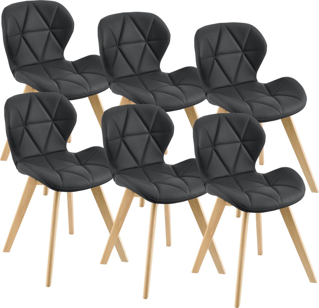 A set of six black dining chairs with wooden legs arranged on a white background.