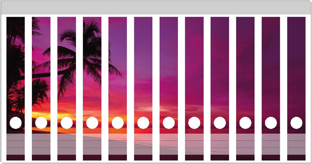 Wallario Ordnerrücken Sticker, selbstklebend für schmale Ordner, 12 Stück, Motiv Abendrot unter Palmen - pinker Himmel am Strand