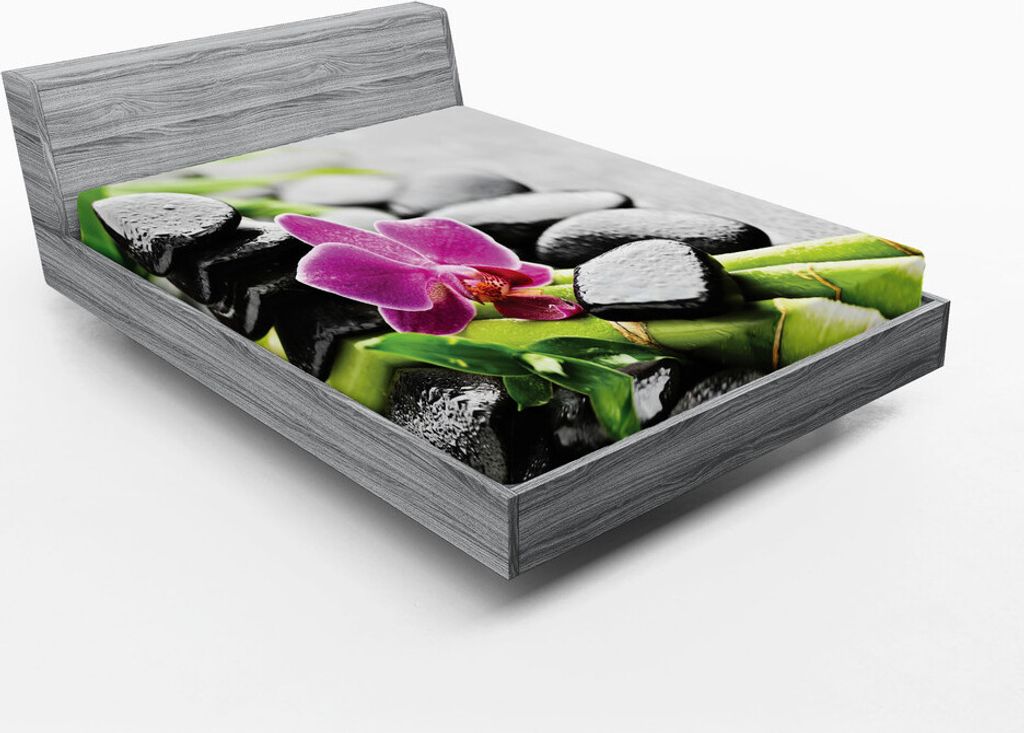 ABAKUHAUS Felsen Spannbetttuch, Zen Basaltsteinen und Bambus Orchidee mit Tau Aromatherapie Massage Blühenden Droplets, 140 x 200 cm, Mehrfarbig