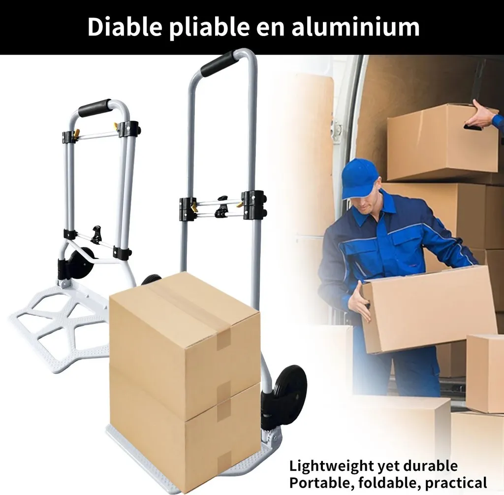 Diable pliable pour déménagement et courses - Charge 80 kg ajustable - 4