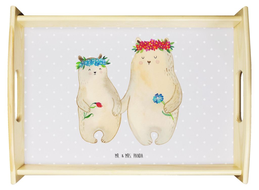 Mr. & Mrs. Panda betttablett Bären mit Blumenkranz - Grau Pastell - Geschenk, Töchter, Familie, Family, Bett-Tablett, holz, Mama, Kinder, Muttert...