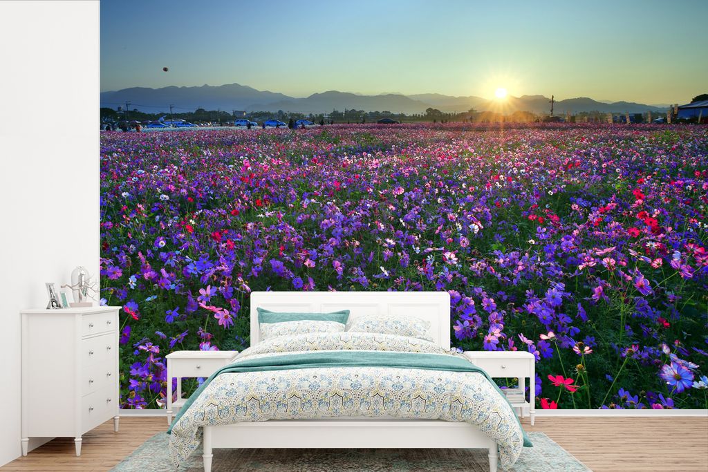 MuchoWow Fototapete für Wohnzimmer oder Schlafzimmer Wandtapete Vinyl Motivtapete Blumen - Lila - Sonnenuntergang - 420x280 cm - Zimmer für Kinder
