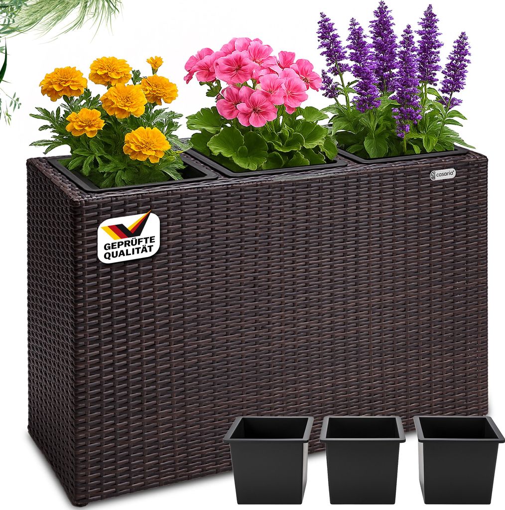 CASARIA Blumenkasten 3 Innentöpfe Polyrattan Herausnehmbar Wasserablauf Outdoor Rechteckig Pflanzkasten Blumentopf Hochbeet Pflanzkübel Braun