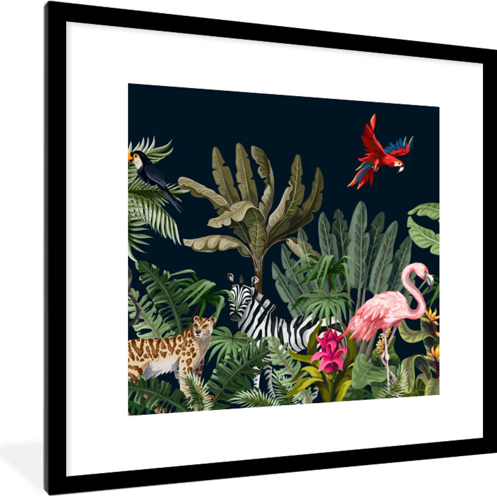 MuchoWow Gerahmtes Poster Dschungel - Pflanzen - Tiere - Kinder - Flamingo - Zebra 40x40 cm - Poster mit Schwarzem Bilderrahmen Wandposter Rahmen...