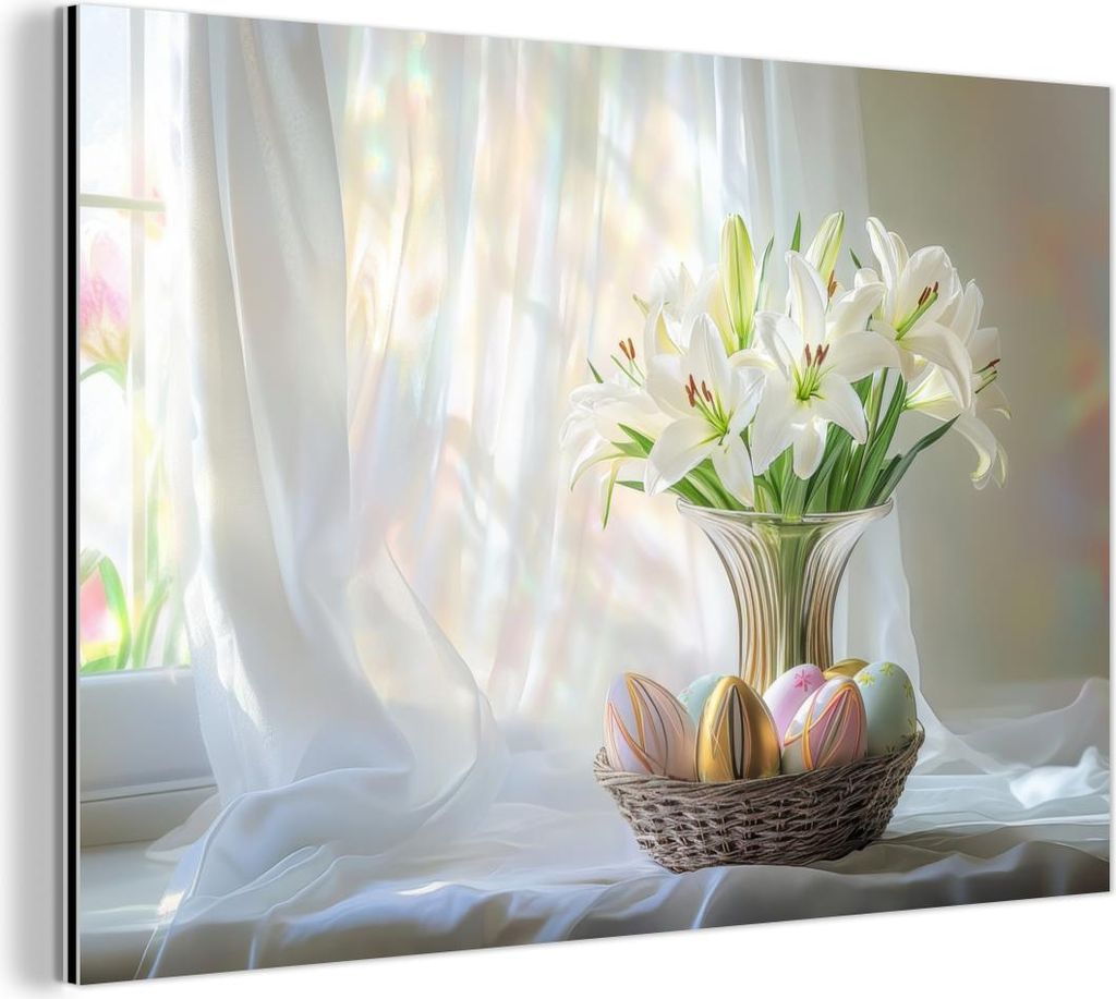 MuchoWow Wanddekoration Metall Metallbild Wandkunst 90x60 cm Vase - Eier - Blumen MuchoWow Aluminium Gemälde - Wandbilder