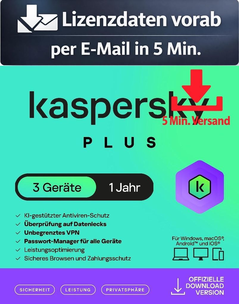 Kaspersky Plus (3 Device - 1 Jahr) DACH ESD Antivirus Sicherheit 5 Min. Versand als Download per Mail