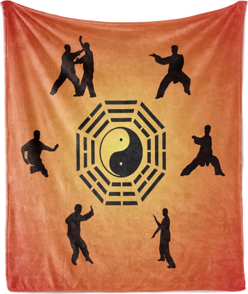 ABAKUHAUS Kung Fu Weich Flanell Fleece Decke, Silhouetten von Karate Poses und Yin Yang-Center, 175 x 230 cm, Siegel Braun Pfirsich