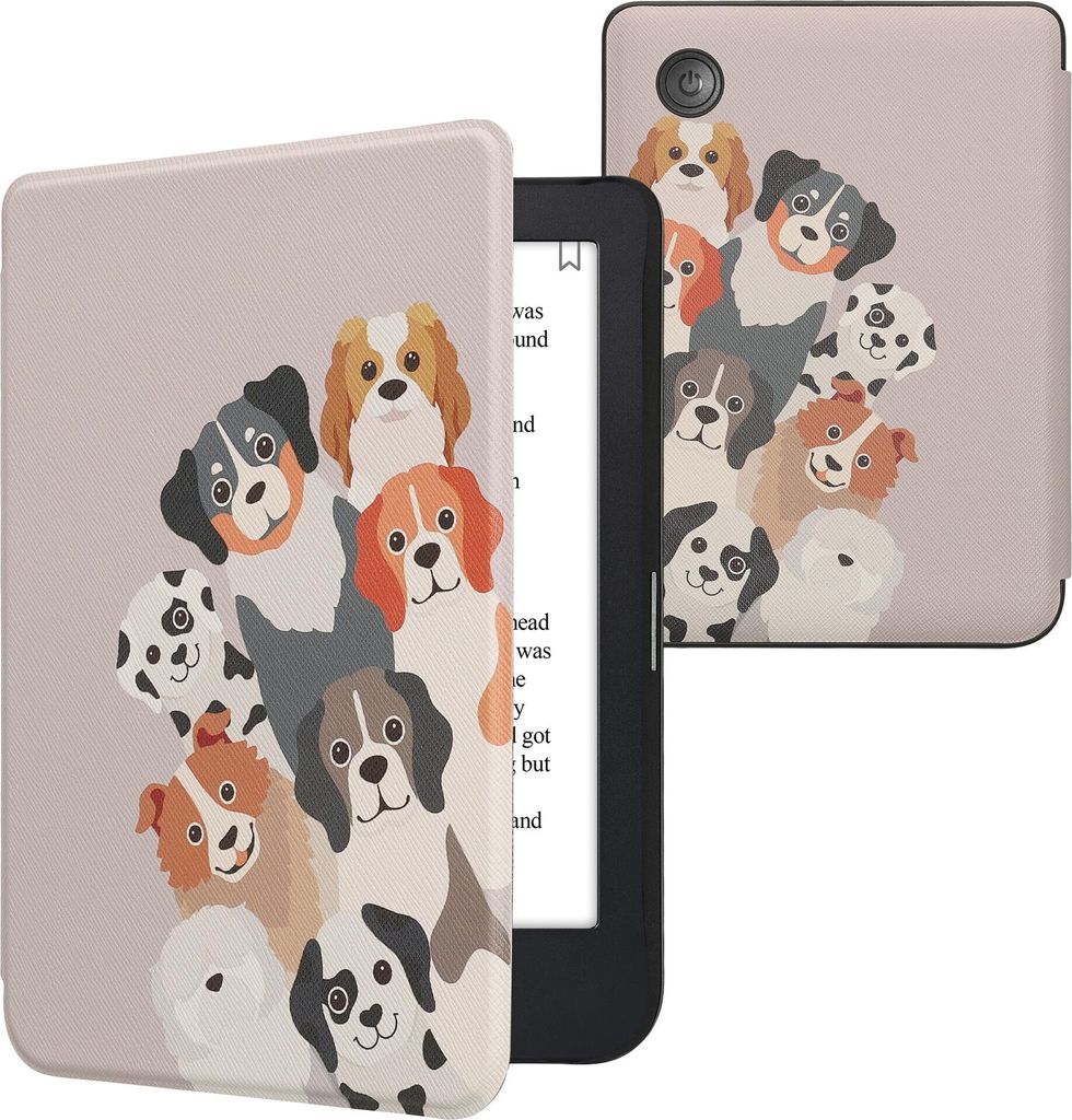 kwmobile Schutzhülle für Kobo Clara 2E / Tolino Shine 4 Hülle - eReader Flip Case mit Auto Sleep Funktion - Lustige Hunde mit Braun Weiß Taupe