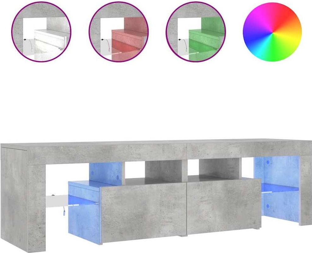 A concrete-effect TV stand with blue LED lighting.