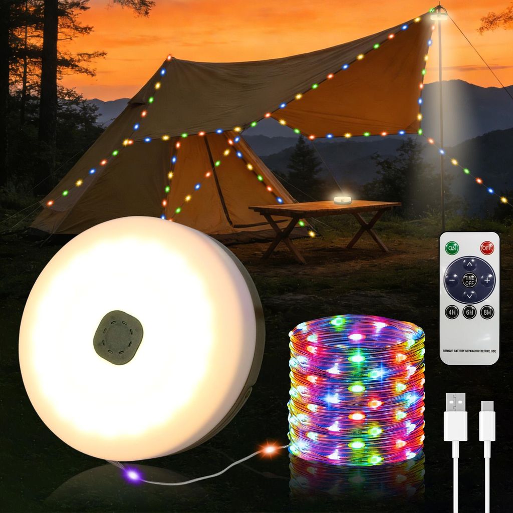 Camping Lichterkette Aufrollbar Solar,10M USB Wiederaufladbare LED Lichterkette mit 3 Beleuchtungsmodi, Tragbare Vielseitige Campinglampe Lichterkette
