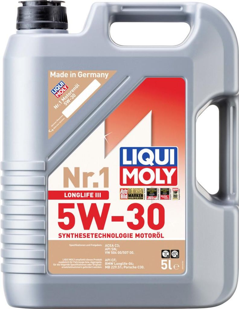 A plastic canister of motor oil.