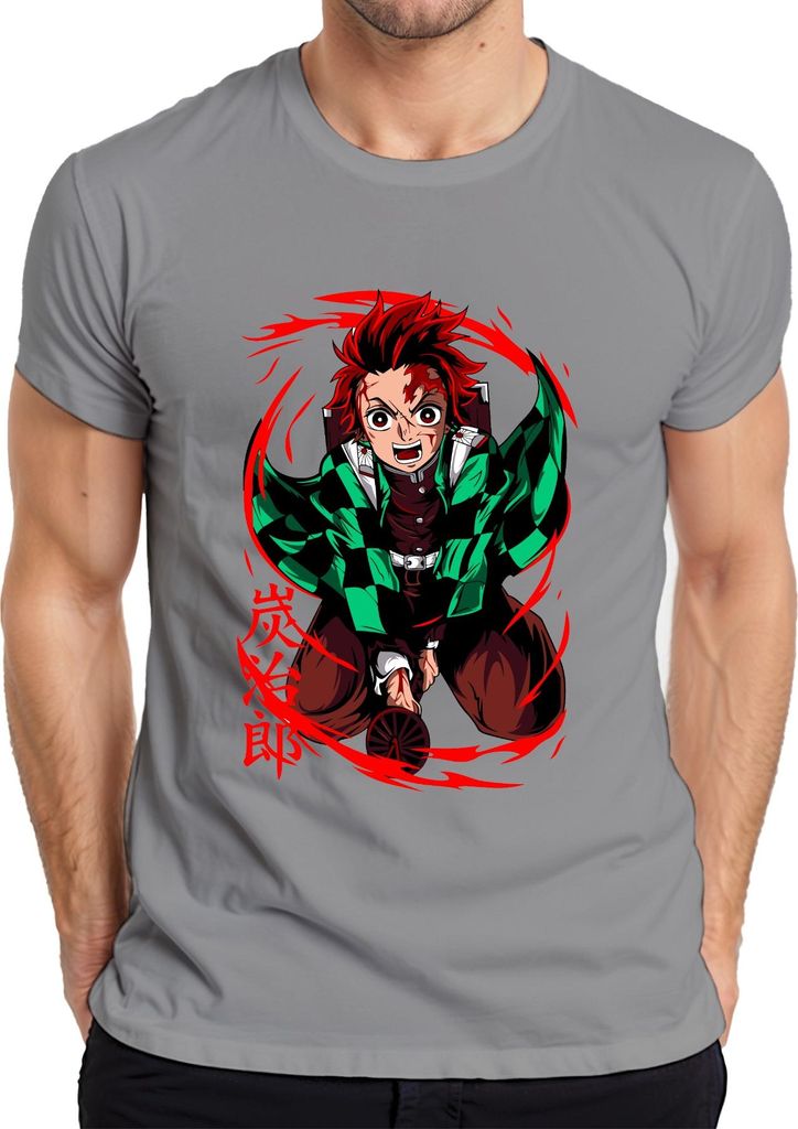 Tanjiro Kimetsu no Yaiba Sonnenatem Hinokami Anime Geschenk Herren T-Shirt, Grau, M