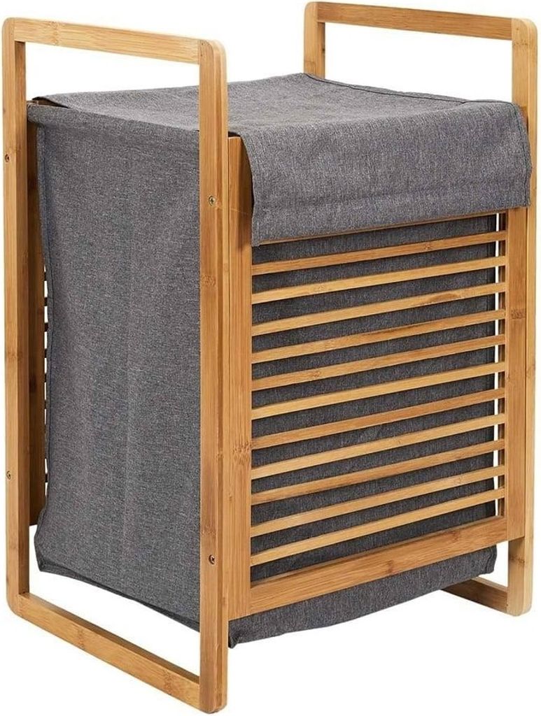 A laundry basket made of bamboo and gray fabric.