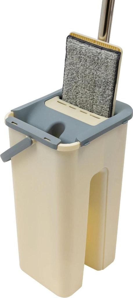 Flachmopp mit Eimer - Bodenreinigungs-Set - Doppelkammer-Eimer - 360° drehbarer Kopf - Langer Stahlstiel - Schiebewringer - 10 Wischpads - Hellgelb