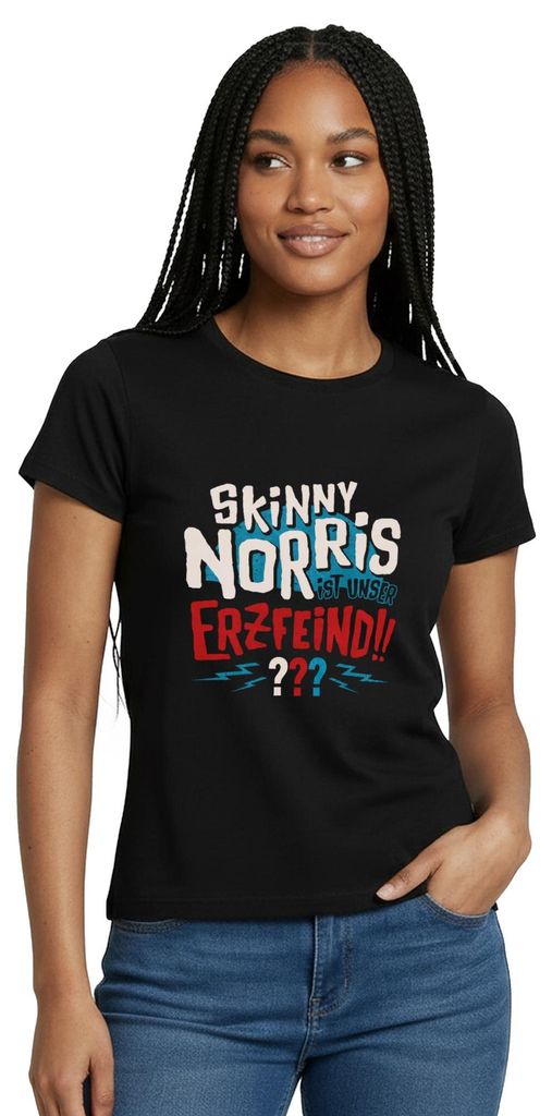 Spreadshirt Die Drei Fragezeichen Skinny Norris Frauen T-Shirt, XL, Schwarz
