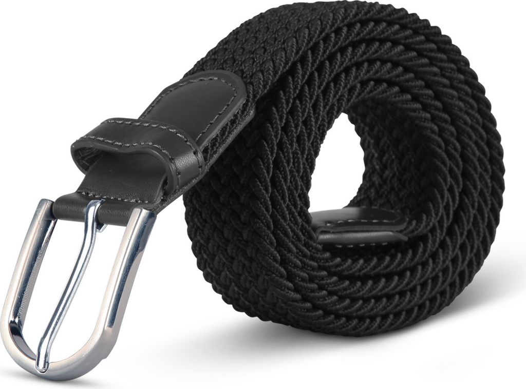 A black braided elastic belt is coiled on a white background.