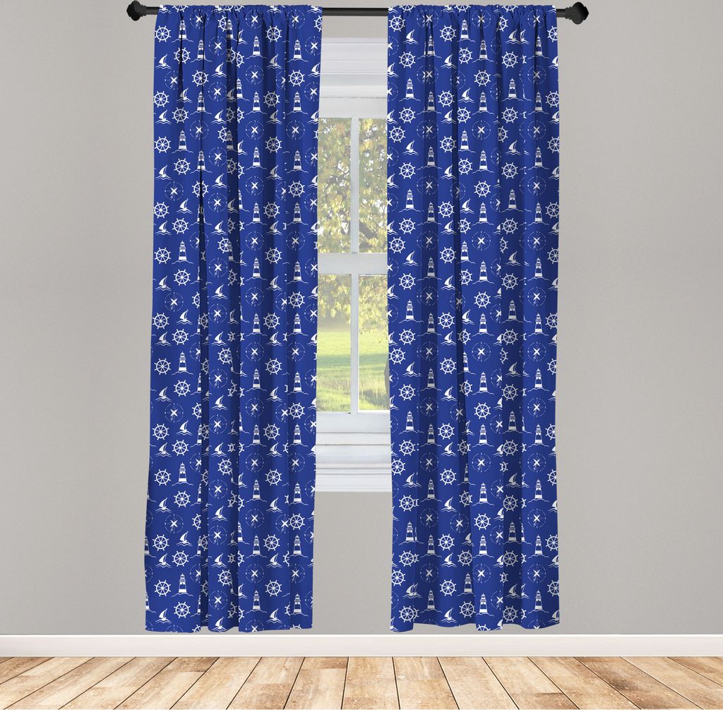ABAKUHAUS Leuchtturm Vorhänge, Gardinen, Marine Silhouetten Kompass Schiffe und Lenkrad nautische Anordnung, 2 Stück 75 x 245 cm, , Violett Blau ...