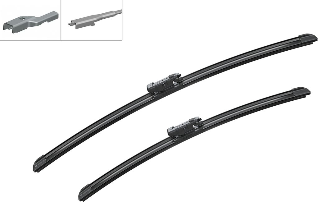 Two windshield wiper blades are shown diagonally on a white background. Two small metal adapters are in the top left corner.