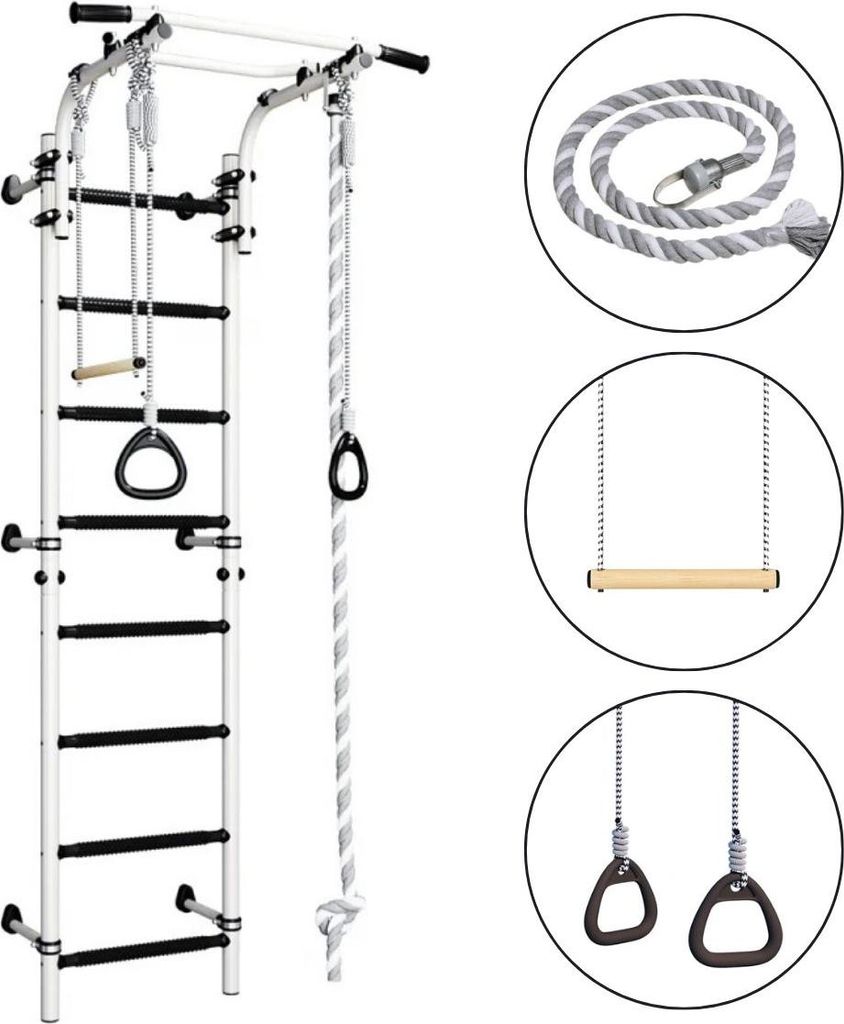 Sprossenwand für Kinder Indoor Klettergerüst aus Metall mit Gymnastikschaukel und Gymnastikräder – Comet Next 1, weiß und schwarz