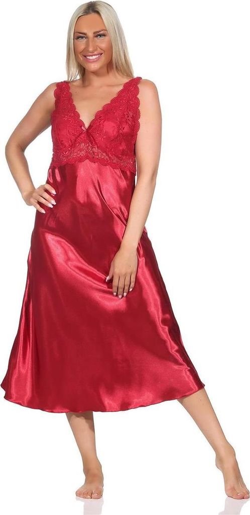Damen Negligé Satin Nachtkleid Reizwäsche mit Spitze; Weinrot/S