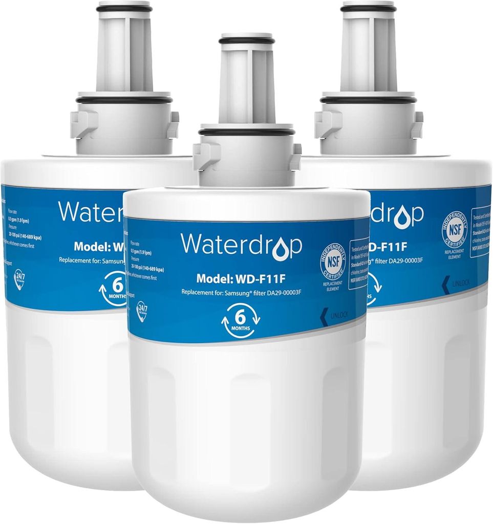 Three white water filters with blue labels are arranged diagonally.