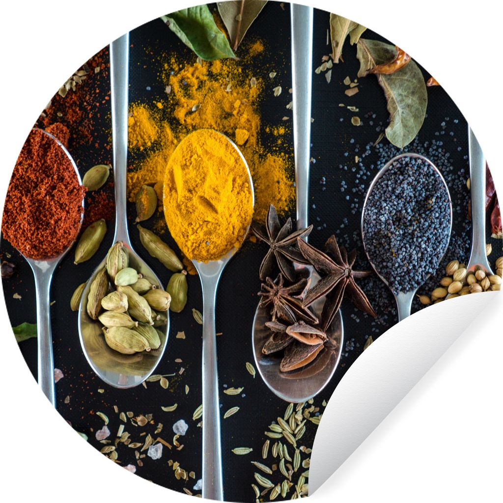 MuchoWow Runde Wandtattoo - Wandsticker Tapete Aufkleber Gewürze - Löffel - Schwarz - Küche Ø 30 cm Selbstklebend und Repositionierbar - Wand...