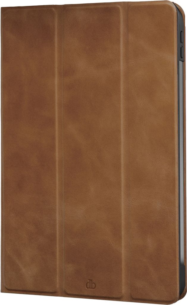 A brown leather tablet case is shown from a slightly angled side view.