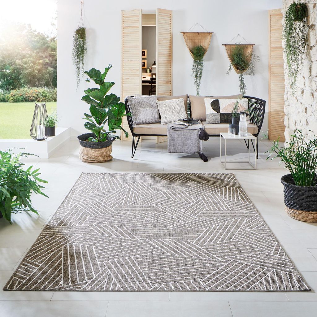 Steffensmeier Indoor Outdoor Teppich Öland Balkon Terrasse Küche Garten wasserfest Kunststoff, strapazierfähig , Kristall Braun Beige, 200x290 cm