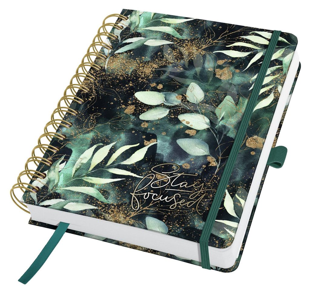 SIGEL JP203 Tagesplaner Jolie undatiert - Glamorous Leaves - ca. A5 - grün, schwarz, gold - Hardcover - 2 Seiten = links Notizen / rechts Planungs...