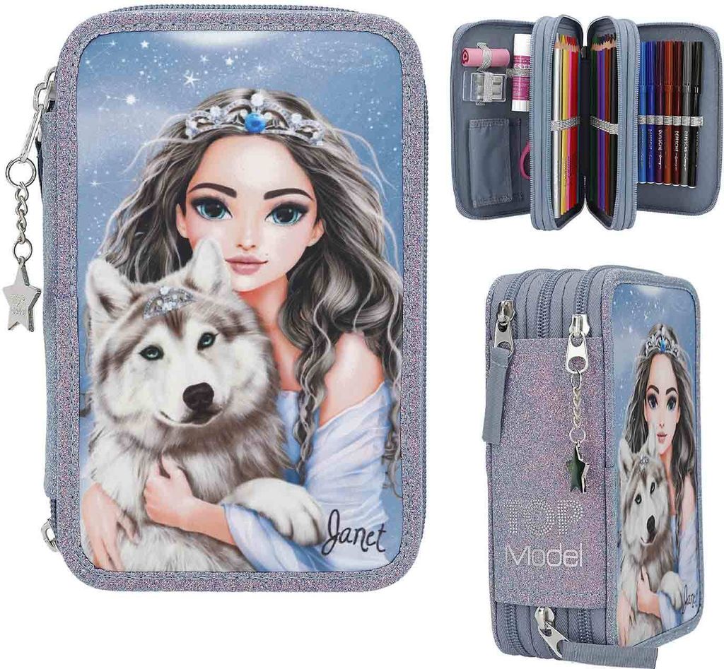 A collage of a pencil case, showing its front design, an open view of its contents, and a side view.