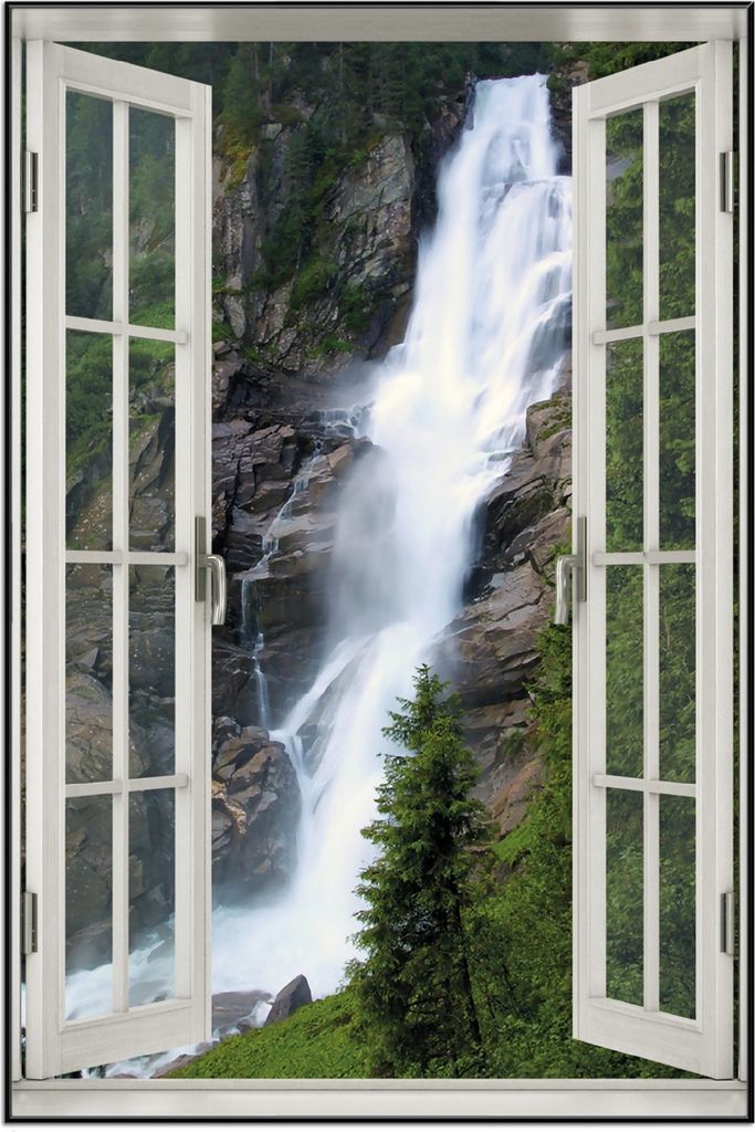 Wallario Wandbild mit Fenster-Illusion: Wasserfall, Größe: 61 x 91,5 cm, Poster mit schwarzem Aluminiumrahmen