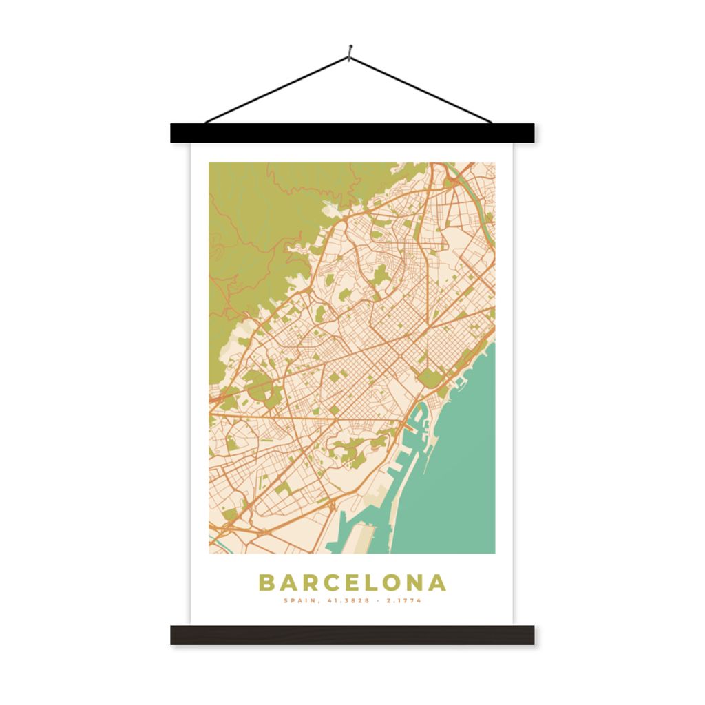 MuchoWow Textilposter Karte - Barcelona - Stadtplan - Vintage 120x180 cm mit schwarzem Rahmen - Fotos
