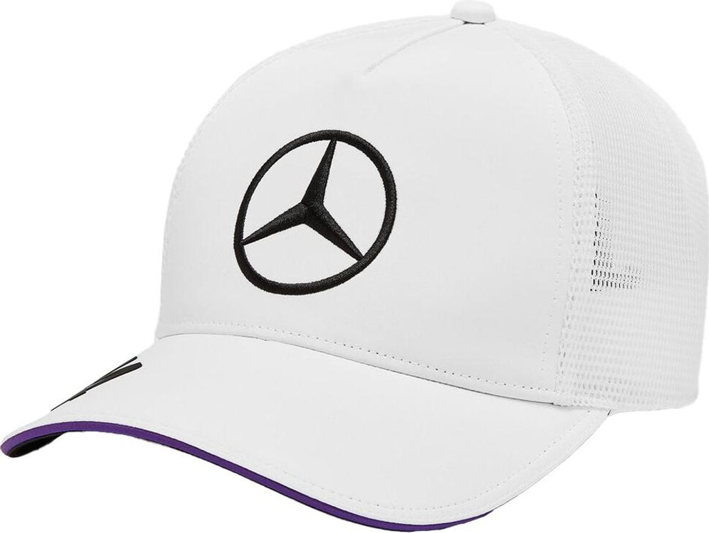 A white Mercedes AMG Petronas Lewis Hamilton cap with a black Mercedes logo on the front and a purple trim on the brim.
