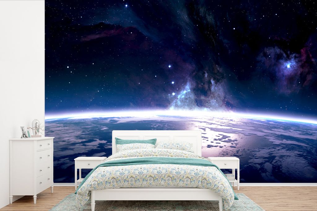MuchoWow Fototapete für Wohnzimmer oder Schlafzimmer Wandtapete Vinyl Motivtapete Weltraum - Erde - Licht - 330x220 cm - Fototapeten