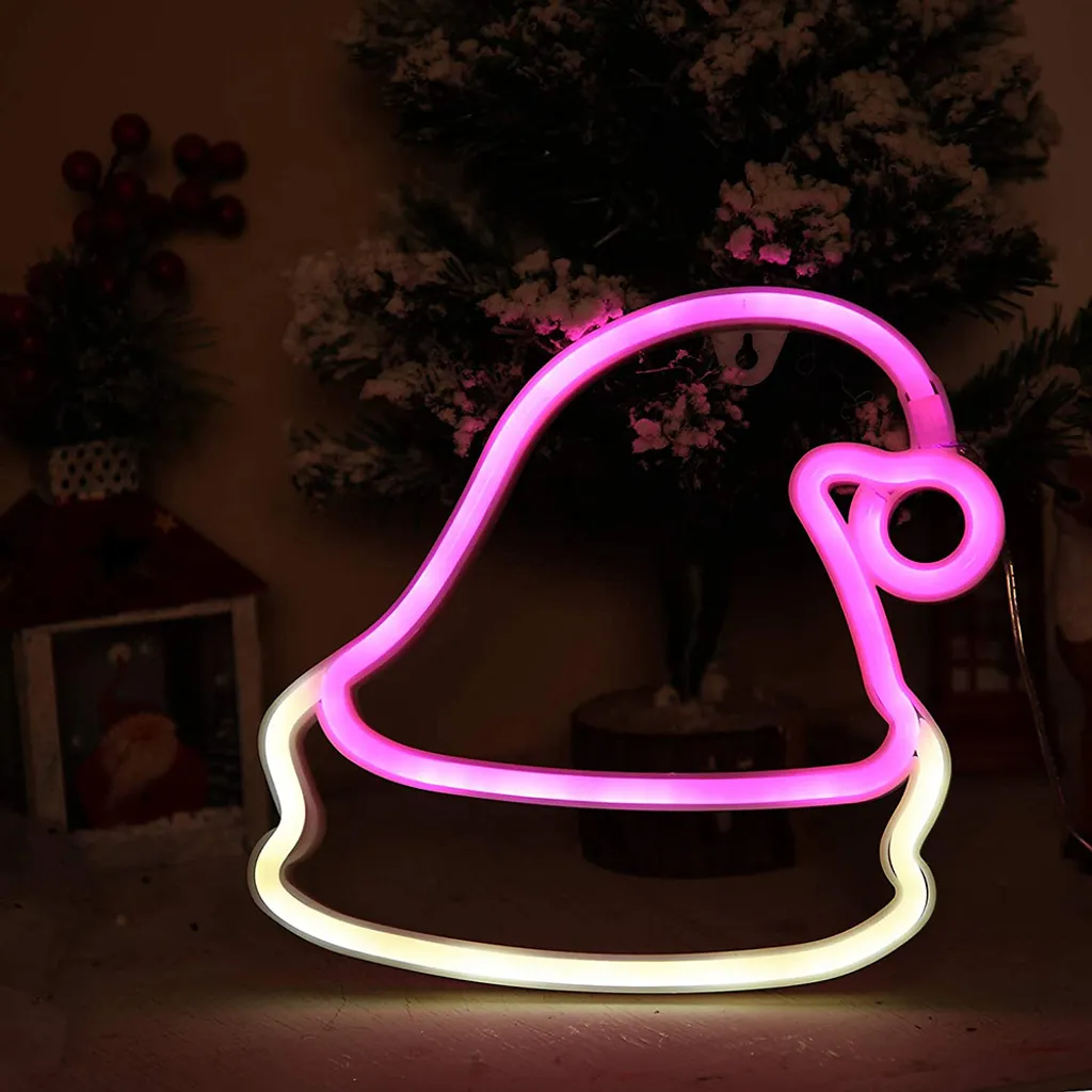 Enseigne LED néon Bonnet de Noël rouge et blanc 24 x 22 cm USB Piles