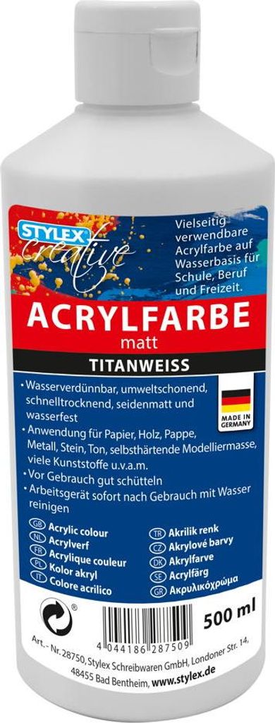 Stylex 28750 Acrylfarbe Künstler Malfarbe 500 ml Flasche titanweiß matt