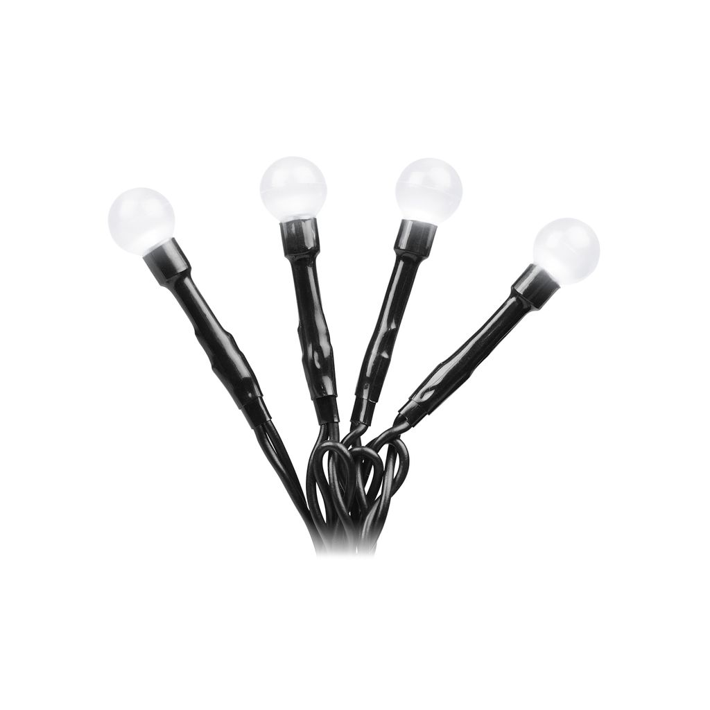 A string of four white LED lights with black wires against a white background.