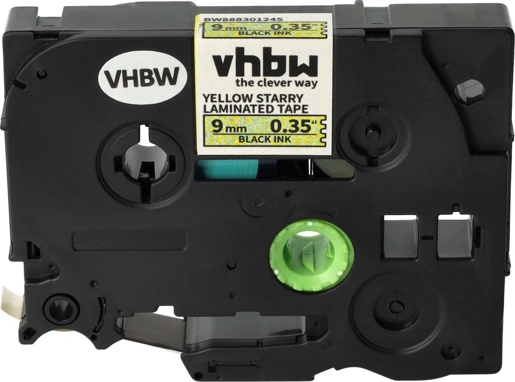 vhbw Schriftband-Kassette kompatibel mit Brother PT 1000, 1200, 1090, 1080, 1010 Etiketten-Drucker 8m x 9mm Schwarz auf Gelb (Glitter), Laminiert