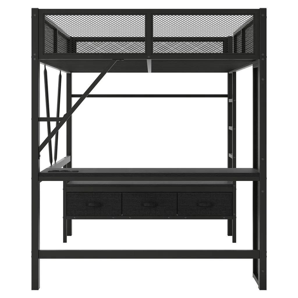 Lit superposé 140x200 avec LED et bureau, structure métal noir - 7