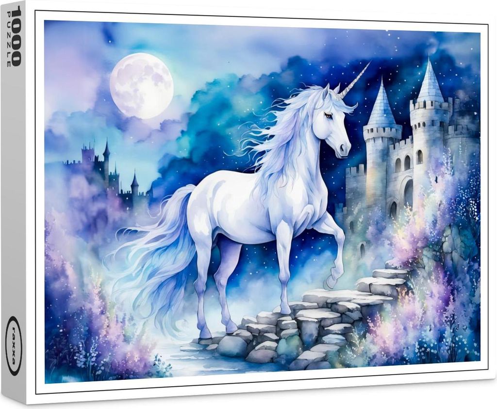 raxxa Premium-Puzzle "Boho Watercolor Enchanted White Unicorn Near Old Castle", 1000 Teile