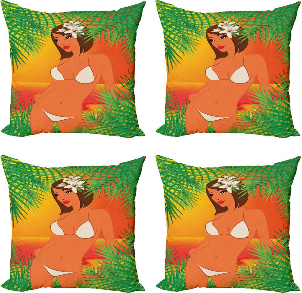 ABAKUHAUS Pin up Girl Kissenbezug Set (4 Stück), Weiß Bikini-Mädchen, Moderner Doppelseitiger Digitaldruck, 60 cm x 60 cm, Mehrfarbig