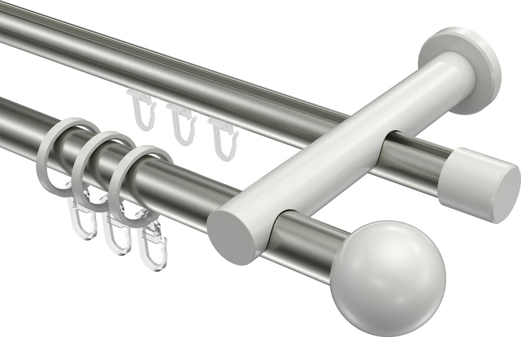 Interdeco Rundrohr-Innenlaufstange / Gardinenstange (Kombination) Edelstahl-Optik / Weiß, Typ Platon Luino (Kugel), 20 mm Ø 2-läufig, 220 cm