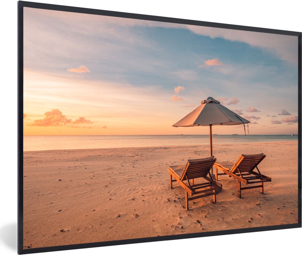 MuchoWow MuchoWow Gerahmtes Poster Strand - Sonnenliege - Sonnenschirm 30x20 cm - Poster mit zchwarzem Bilderrahmen - Kunstdruck - Bild-Poster