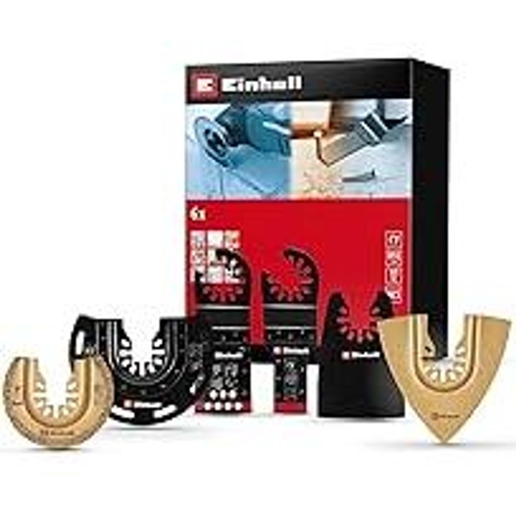 Original Einhell 6-tlg. Multitool-Set (BIM-Tauchsägeblatt, HCS-Halbrundsägeblatt, CrV-Tauchsägeblatt, Hartmetall-Halbrundsägeblatt, Deltaraspel...