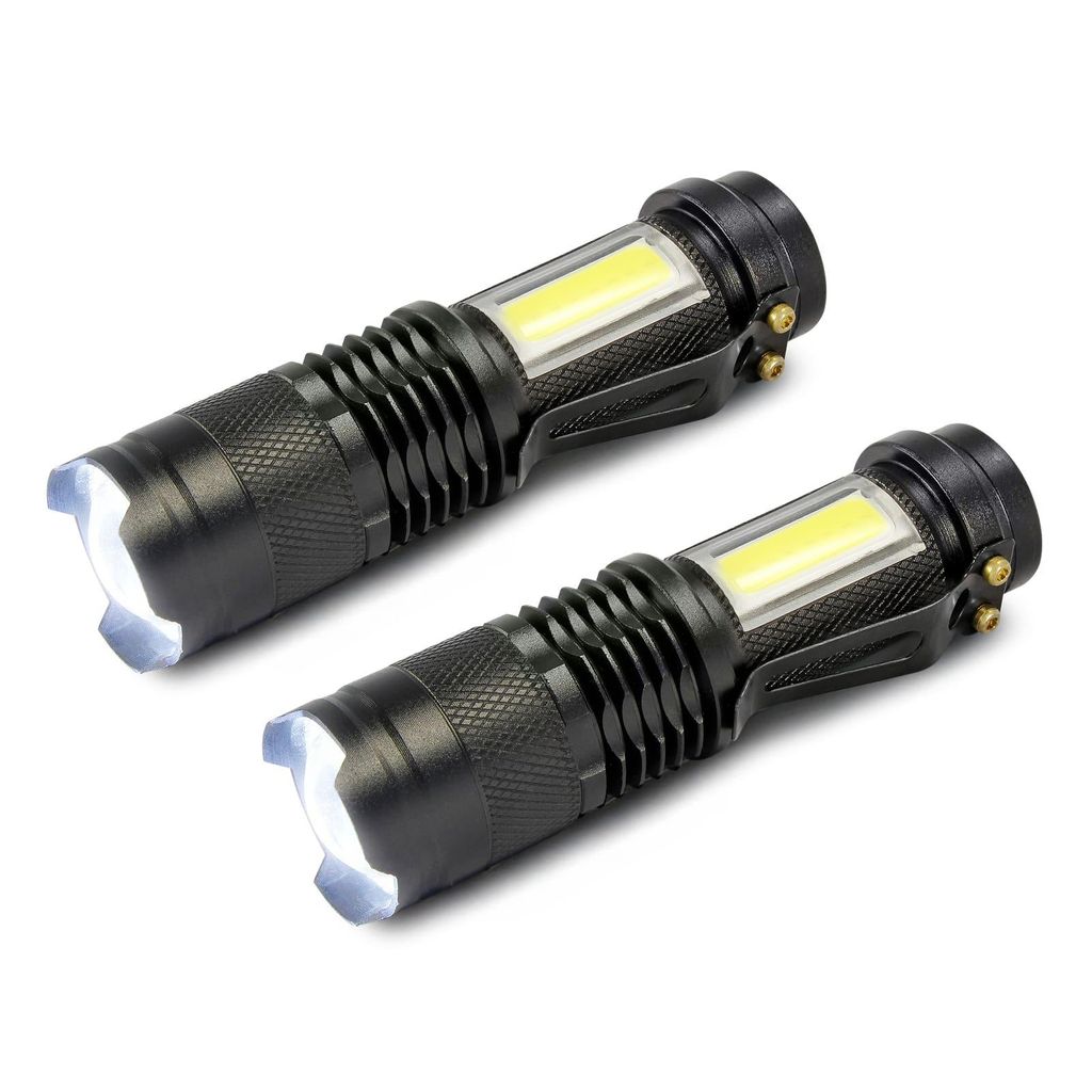 NEU-Mini-LED-Taschenlampen-Glow-Max-2er-Set--mit-2-Lichtquellen--XPE-mit-Zoom-und-COB-Seitenlicht--3-Lichtmodi--wiederaufladbarer-Akku--USB