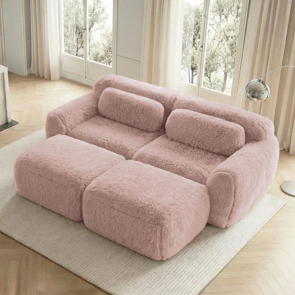 MODFU Zweisitzer Ecksofa,Modulares Sofa mit Geschwungene und 2 Ottoman,U-förmiges Relaxsofa mit Rutschfester Boden & Kissen,Plüschstoff,Rosa