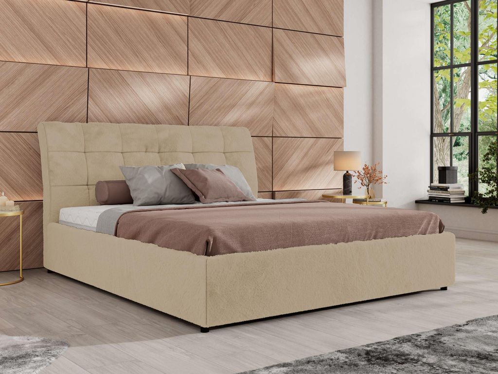 MKS MEBLE Polsterbett GALA CLASSIC Lattenrost klappbar Bett mit Stauraum 140x200 Hotel Betten Schlafzimmer Foam Matratze MIRO LUX Creme Plüsch